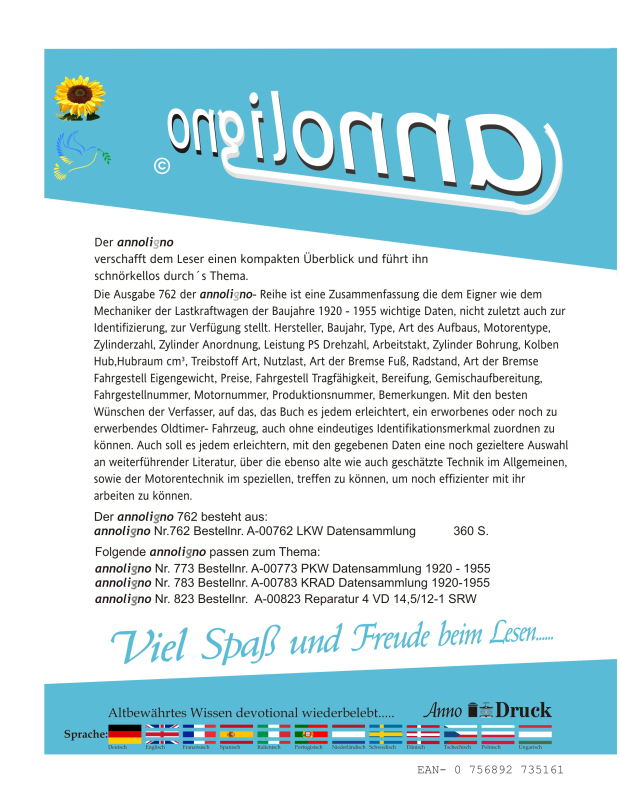 Annohof-Verlag Datensammlung technische Daten der LKW/Lastkraftwagen und Zugmaschinen der Baujahre 1920 - 1955 - annoligno 762